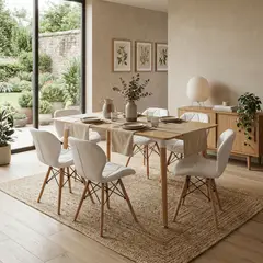 ENTRE NOS HOME - Comedor Mariposa 6 Puestos Mesa Rectangular Honey Madera Natural 140cm y Sillas Blancas Acolchadas