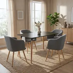 ENTRE NOS HOME - Comedor Ambar 4 Puestos Mesa Rectangular Luna Negra 120cm y Sillas Gris Ratón en Tela Premium