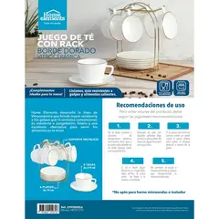 HOME ELEMENTS - Juego de Té con Rack Vitroceramica Borde Dorado 12 Piezas HESTTRV-12