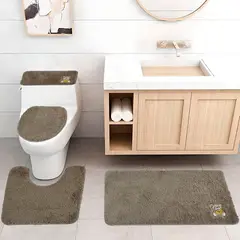 MITAPETE COM - Juego De Baño 4 Piezas Antideslizante Peluche Caqui Tapetes Para Baño