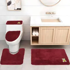 MITAPETE COM - Juego De Baño 4 Piezas Antideslizante Peluche Rojo Oscuro Tapetes Para Baño