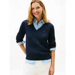 TOMMY HILFIGER - Saco azul de punto trenzado con cuello en V