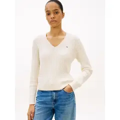 TOMMY HILFIGER - Saco marfil de punto trenzado con cuello en V