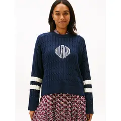 TOMMY HILFIGER - Saco azul de cuello redondo con logo script gráfico