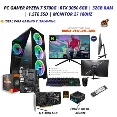 AMD - PC Gamer Ryzen 7 5700G + RTX 3050 6GB - 32GB RAM - 1.5TB SSD - Ideal para Gaming y Streaming
