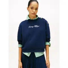 TOMMY HILFIGER - Saco azul de felpa con logo script y botones decorativos
