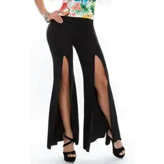 VIA7 - Pantalón Wide Leg con Aberturas Frontales en Licra