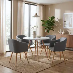 ENTRE NOS HOME - Comedor Ambar 4 Puestos Mesa Redonda Blanca 90cm y Sillas Gris Ratón Tapizado Lino