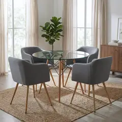 ENTRE NOS HOME - Comedor Ambar 4 Puestos Mesa Redonda Vidrio 90cm y Sillas Gris Ratón Tapizado en Lino