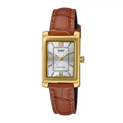CASIO - Reloj Para Mujer Elegante LTP-1234GLL-7A En Cuero Marron Esfera Cuadrada Plateada Con Detalles Dorados