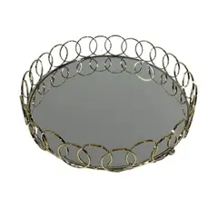 GENERICO - Bandeja Redonda De Aros Dorados Con Espejo Grande Diámetro 37 Cm