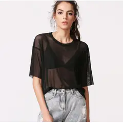 VIA7 - Blusa Transparente en Malla manga corta estilo recto
