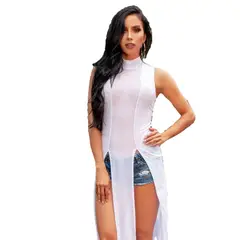 VIA7 - Blusa larga de Malla Transparente - Diseño de Cuello Redondo