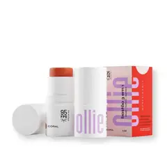 OLLIE - Protector Solar Barra 3 En 1 Rubor,Labial y Sombra FPS 95 Tono Coral con Brillo