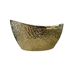 GENERICO - Bowl Alargado Con Flores Talladas En Color Dorado Tamaño Grande 31 X 16 X 18 Cm