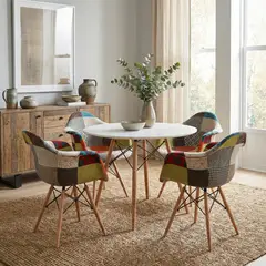 ENTRE NOS HOME - Juego de Comedor Arcoíris 4 Puestos Mesa Redonda Blanca 90cm y Sillas Multicolor
