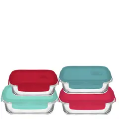 KITCHENWARE - Set de 4 Contenedores Refractarios en Vidrio 2 Cuadrados y 2 Rectangulares (370, 520, 800 y 1050 ml)