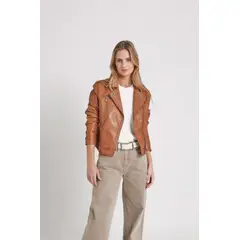 VELEZ - Vélez Chaqueta Biker Natura De Cuero Para Mujer Semi Ajustada Miel