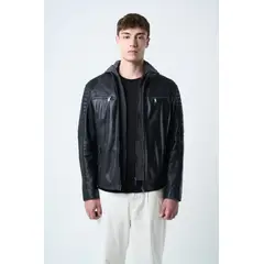 VELEZ - Vélez Chaqueta Belmont De Cuero Para Hombre Capucha Y Pechera Negro