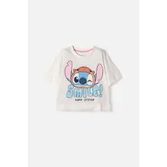 DISNEY - Camiseta de Stitch y capybara manga corta marfil para niña
