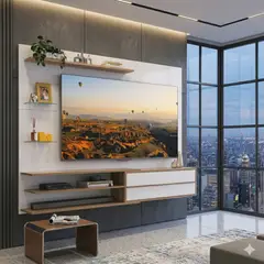 GENERICO - Panel para TV Hasta 65 Pulgadas con Repisas de Vidrio y Mueble Flotante Blanco con Madera