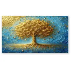 GENERICO - Cuadro decorativo árbol de la vida dorado textura azul 100x70 cm