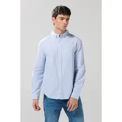 KOAJ - Camisa unicolor a rayas con manga larga y cuello button Hombre