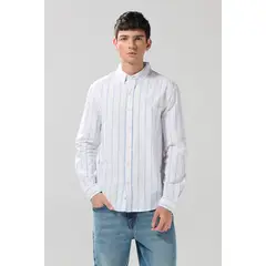 KOAJ - Camisa unicolor a rayas con manga larga y cuello button Hombre