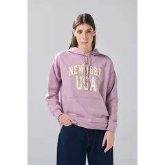 KOAJ - Buzo oversize lila medio con capota y arte college Mujer