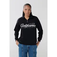 KOAJ - Buzo cuello alto oversize negro college con cremallera Mujer