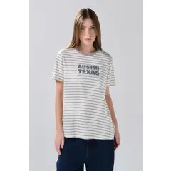 KOAJ - Camiseta a rayas crema con arte college y manga corta Mujer