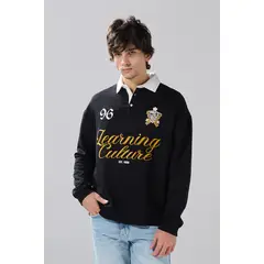 KOAJ - Buzo cuello polo negro oversize con diseño college Hombre