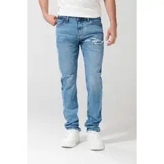 KOAJ - Jean azul claro slim con rotos en frente y tiro bajo Hombre