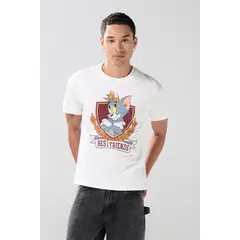 KOAJ - Camiseta manga corta crema con arte de Tom y Jerry Hombre