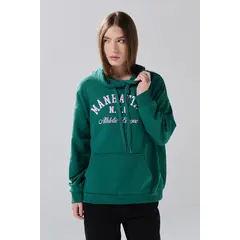KOAJ - Buzo verde oscuro oversize con arte college y capota Mujer