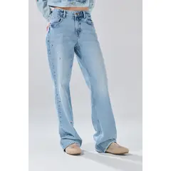 KOAJ - Jean straight low waist azul claro tiro bajo con bordad Mujer