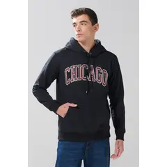 KOAJ - Buzo negro con bolsillo, capota y texto college Hombre