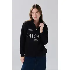 KOAJ - Buzo cuello alto negro oversize con diseño college Mujer