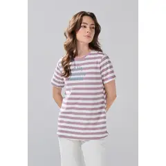 KOAJ - Camiseta crema manga corta con arte college y rayas li Mujer