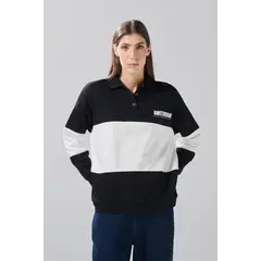 KOAJ - Buzo negro oversize college con cuello sport Mujer