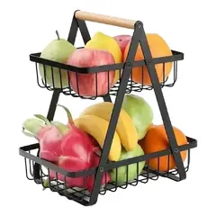 DAYOSHOP - Canasta Frutero Organizador Doble Con Mango De Madera Negro