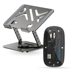 INNOVA - Soporte Laptop Metálico 360° Con Mouse Inalámbrico bluetooth + 2.4g Gris Con Negro Gris Con Negro
