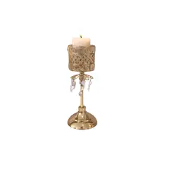 GENERICO - Candelabro Cilíndrico Dorado Con Pedrería Colgante Tamaño Grande 34 X 11 Cm