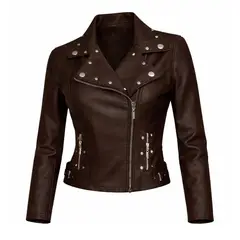 MODA EN CIRCUITO - Chaqueta Cruzada Cuero - tex Corta para Mujer Con Taches
