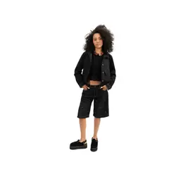 LOCAL ATELIER - Bermuda recta, tela negra con ojaletes en la parte delantera