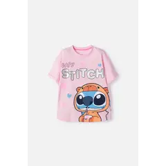 DISNEY - Camiseta de Stitch y Capybara manga corta rosada para niña