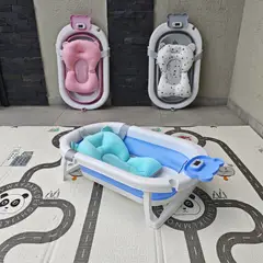 INDUHOGAR - Tina bebe plegable azul con termometro + cojín