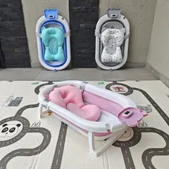 INDUHOGAR - Tina bebe plegable rosa con termometro + cojín