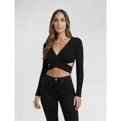 MOLGOA - Body para Mujer Negro Escote Cruzado Manga Larga - The Adele