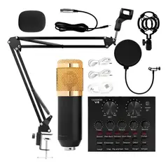 GENER - Kit Micrófono Profesional De Condensador + Tarjeta Sonido V8 Color Dorado